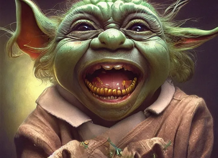 Image similar to a highly detailed portrait of a crazy laughing Yoda on a bad ketamine drug trip, drugs and alcohol littered everywhere, descent into lunacy and madness, dizzy, trippy, artstation, cgsociety, very detailed, intricate, detailed illustration, by artgerm and greg rutkowski and alphonse mucha, sharp, smooth, masterpiece
