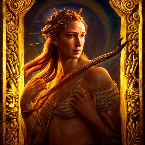 Image similar to majestic gracious regal deity artemis portrait, ancient greece, goddess of the hunt, the wilderness setting, atmospheric lighting, painted, intricate, volumetric lighting, beautiful, rich deep colours masterpiece, golden hour, sharp focus, ultra detailed, by leesha hannigan, ross tran, thierry doizon, kai carpenter, ignacio fernandez rios