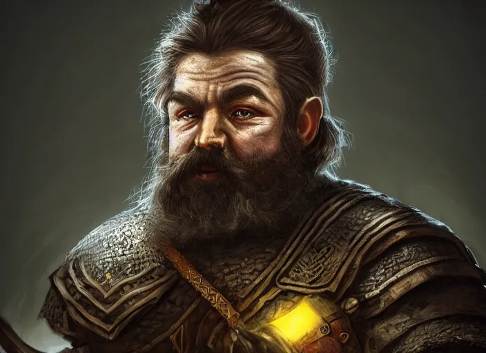 Prompt: Beautiful art portrait of a male dwarf warrior in a dark mystical dark dungeon setting, octane render, dungeons and dragons, dynamic lighting