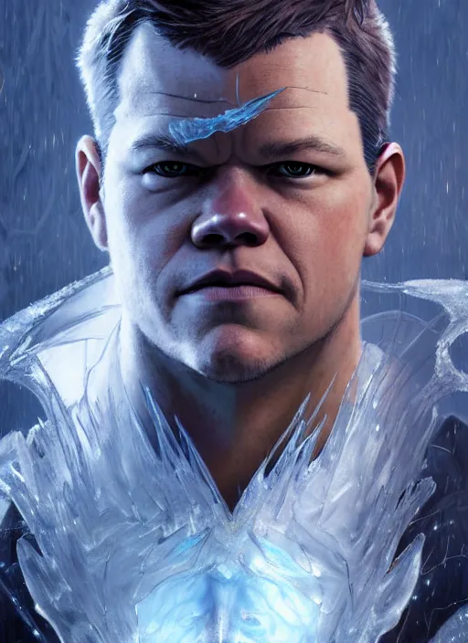 Prompt: character design by james jean, jakub rebelka, tran nguyen, yoann lossel, wadim kashin ( ( ( portrait of matt damon as ice man from xmen ) ) ) emerging from a frozen temple, sharp edges. ultra clear detailed. 8 k. ultra detailed, majestic, intricate