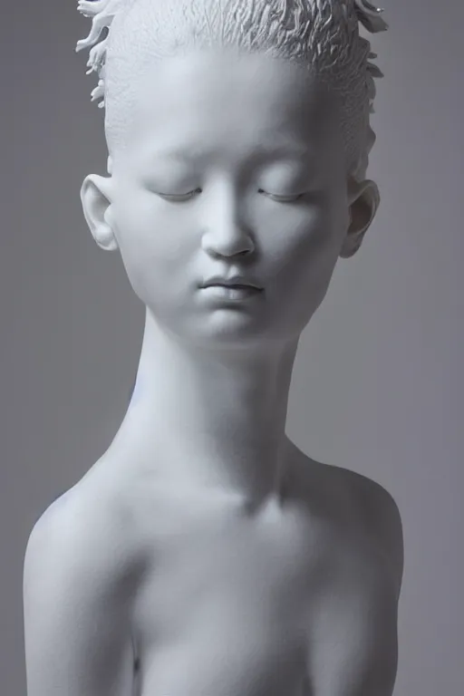 Prompt: full head and shoulders, beautiful female porcelain sculpture by daniel arsham and james jean, smooth skin, all white features on a white clean background, delicate facial features, white eyes, white lashes, detailed white, lots of real massive gold hair on the head
