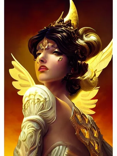 Prompt: the golden wind rose in the sky. an angel and a devil. intricate, elegant, highly detailed, digital painting, artstation, concept art, sharp focus, illustration, by justin gerard and artgerm, 8 k