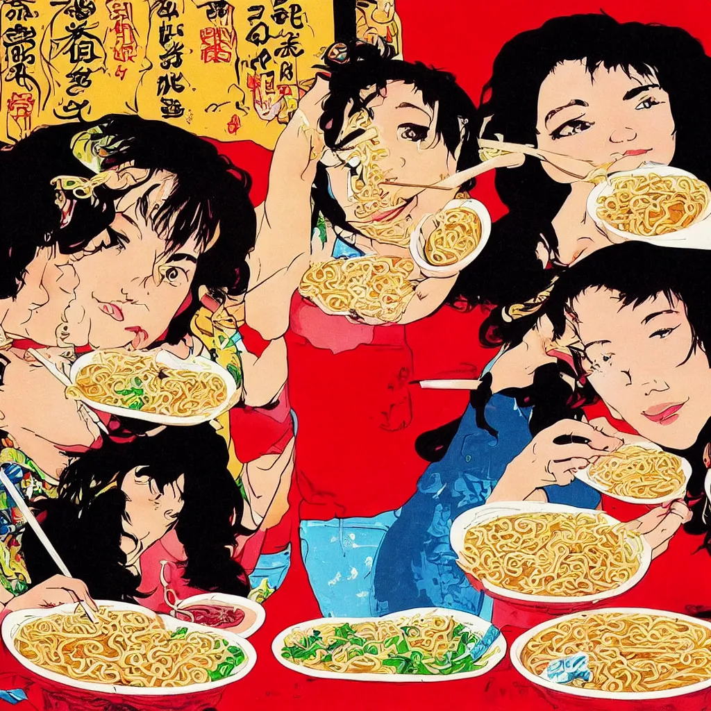 Image similar to 2 beautiful women eating a bowl of ramen, 1990s poster art