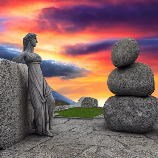 Image similar to a giant stone statue of the greek letter lambda, epic sunset skies in the background, highly detailed digital art