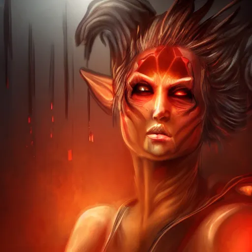 Image similar to hyper realistic concept art portait of a beauty female demon character in a hell portal background