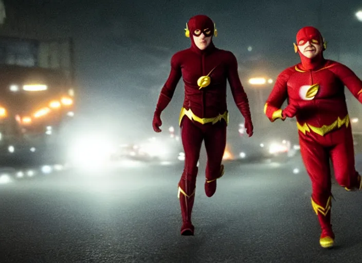 Image similar to film still of danny devito as the flash in the new flash movie, 4 k