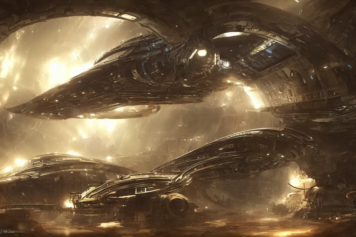 Image similar to A hyperspace tunnel floats above an alien planet, and inside it is a steampunk spaceship with similarities to an insect, Artstation