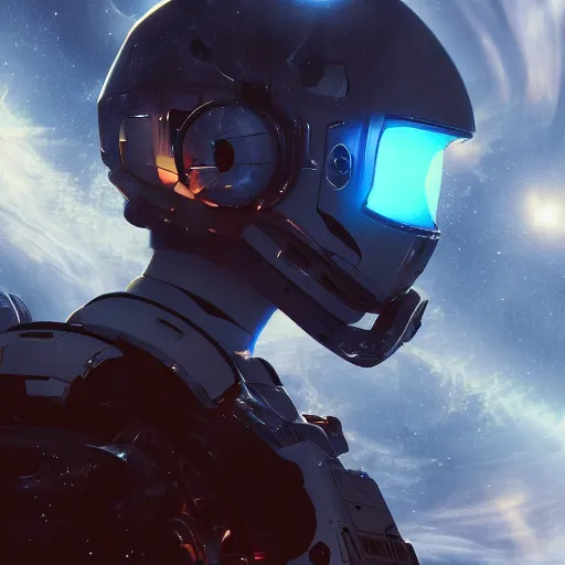 Image similar to beautiful portrait of a mecha astronaut alone in nebula space on event horizon with spaceship destroyed, octane render, trending on artstation, hyperrealistic, character photography