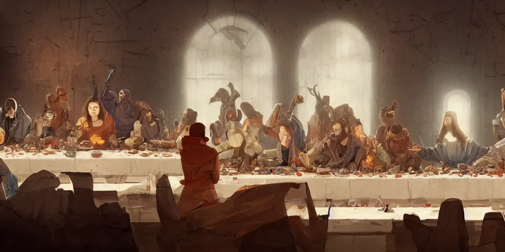 Image similar to the last supper of robots. highly detailed, digital painting, artstation, concept art, smooth, sharp focus, illustration, art by pascal blanche and greg rutkowski and alan blackwell and sylvian boussiron
