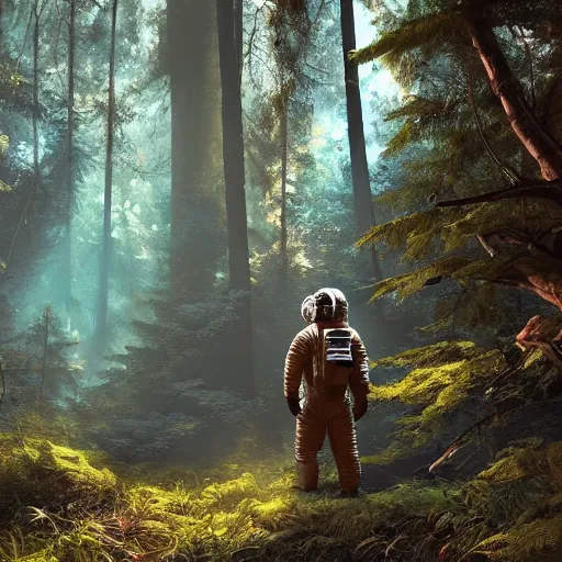 Image similar to american astronaut in the forest, plants environment, wide angle, cinematic lighting, atmospheric, realistic, octane render, highly detailed, in the style of craig mullins