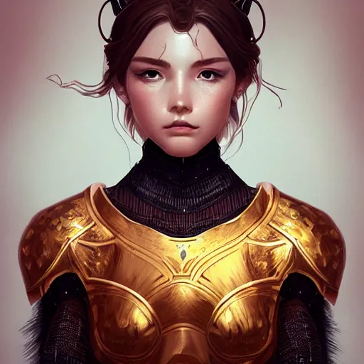 Prompt: portrait knights of Zodiac girl, golden and copper armor, sci-fi, fantasy, intricate, very very beautiful, elegant, highly detailed, digital painting, artstation, concept art, smooth, sharp focus, illustration, art by WLOP and tian zi and artgerm