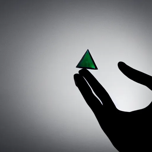 Prompt: a black gloved hand holding a dimly glowing triangular shard of kryptonite in pitch dark, black background