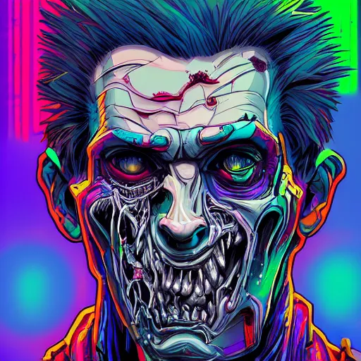 Prompt: digital portrait painting of a corrupted cyberpunk zombie, hyperdetailed, vibrant colors, comic book style, Dan Mumford, trending on Artstation
