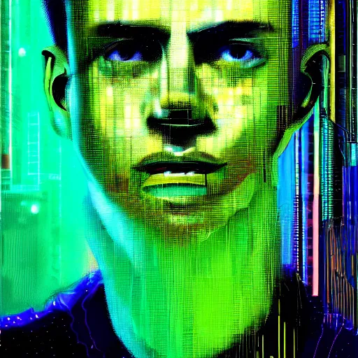 Prompt: hyperrealistic portrait of a cyberpunk teenager, male, smiling, immersed within a glitch network, digital ui, by Guy Denning, Metzinger, Russ Mills, glitch art, hacking effects, glitch effects, digital al tech effects, chromatic, color blocking!, green blockings, acrylic on canvas, concept art, abstract, trending on cgsociety, trending on artstation