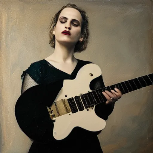 Prompt: Anna Calvi playing electric guitar, oil painting by Monia Merlo