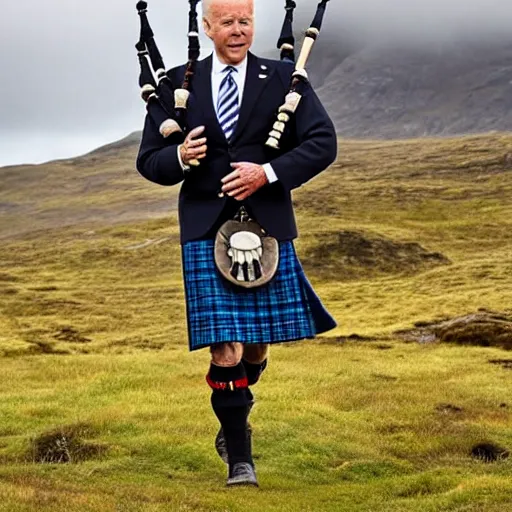 Image similar to joe biden wearing a kilt and playing a bagpipe in the scottish highlands, 8 k, very detailed,