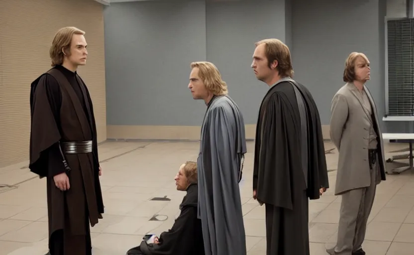 Image similar to anakin skywalker played by hayden christensen wearing jedi robes is talking to lawyers saul goodman played by bob odenkirk wearing a suit and kik wexler played by rhea seehorn in court, better call saul court scene 1 0 8 0 p, jimmy mcgill in court, court session images, realistic faces