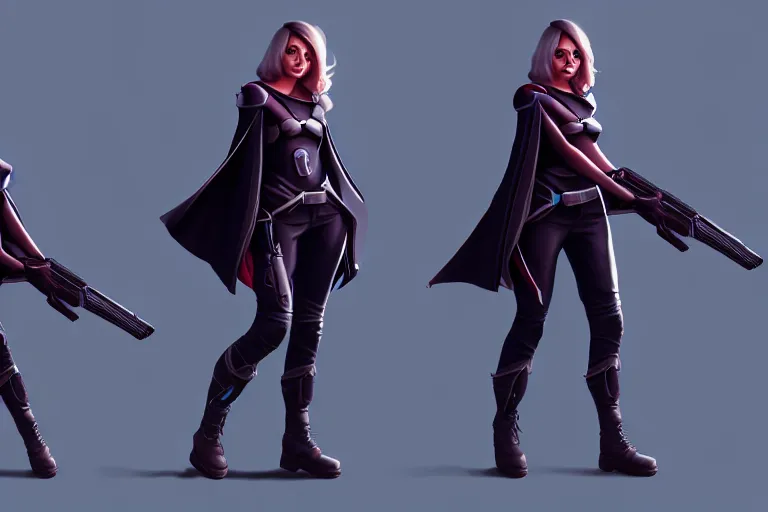 Image similar to girl in futuristic cape, gun in hand, character concept art, valorant game style, digital art, many details, super realistic, high quality, 8 k