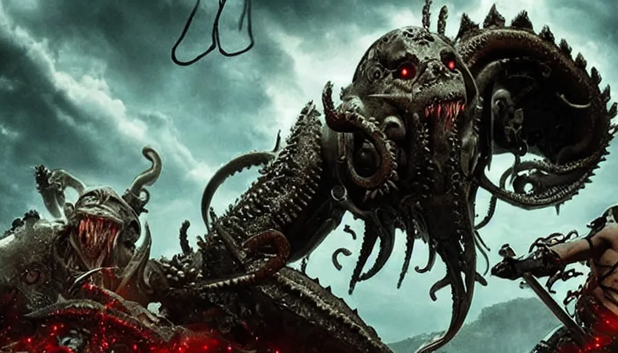 Image similar to Big budget movie about a cyborg demon fighting the kraken