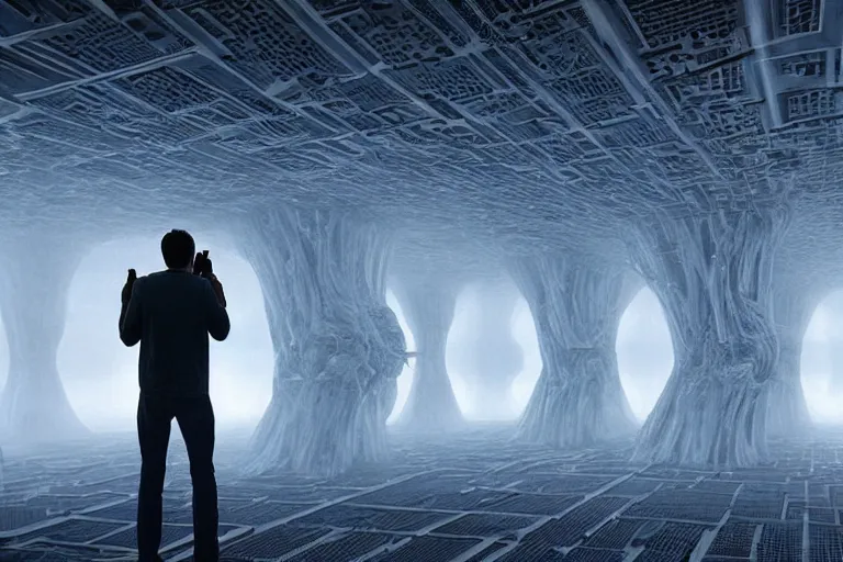 Image similar to a tourist taking a photo of a complex organic fractal 3 d living humanoid megastructure, cinematic shot, foggy, photo still from movie by denis villeneuve