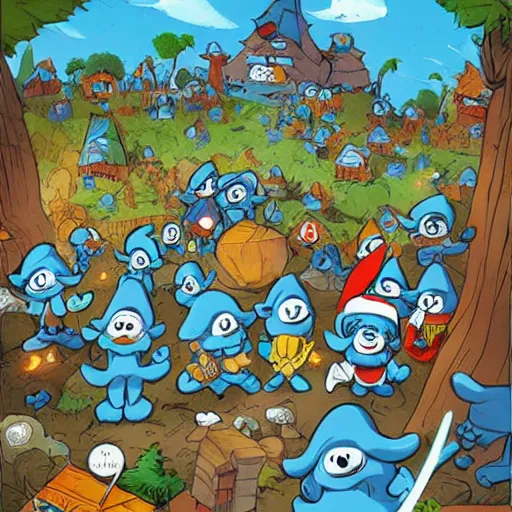 Image similar to the smurf village, artwork by skottie young