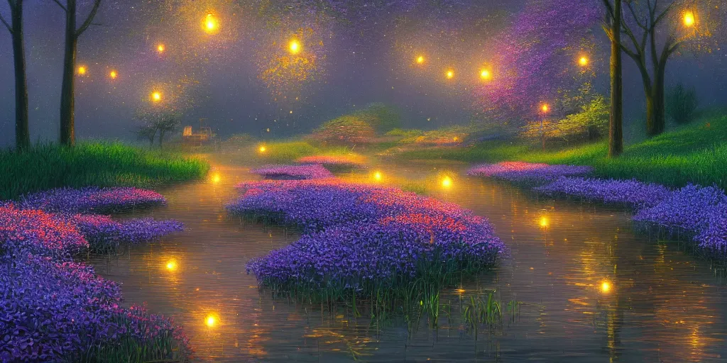 Prompt: fireflies around water inspired by Evgeny Lushpin,flower meadow,spring,cinematic,trending on ArtStation