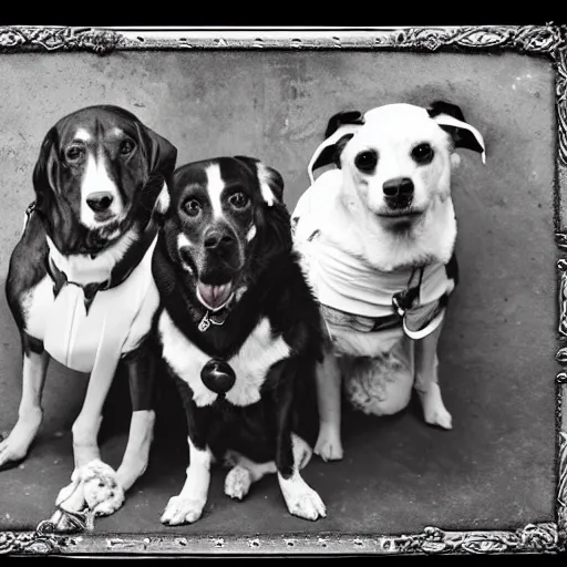 Prompt: black and white vintage portrait of a ragtag team of three dogs as a crew of thieves in a dark steampunk setting