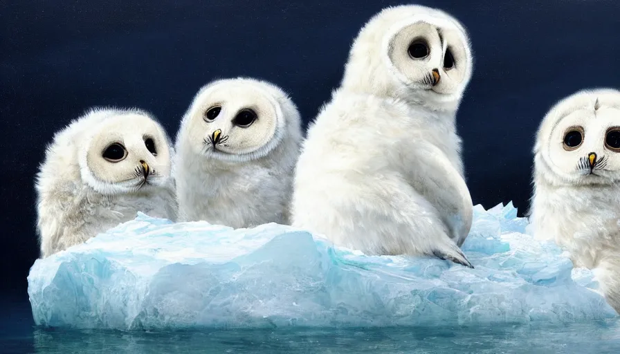 Image similar to highly detailed painting of cute furry white baby seal owls with big furry antlers cuddling into each other on a blue and white iceberg by william turner, by greg rutkowski, by william constable, thick brush strokes and visible paint layers, 4 k resolution