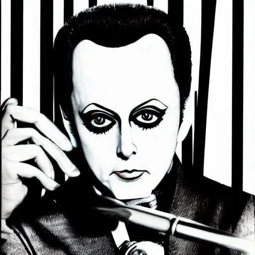 Prompt: a high quality product photo ad of klaus nomi with a technical reed rollerball pen exacto knife made in germany and japan by junji ito