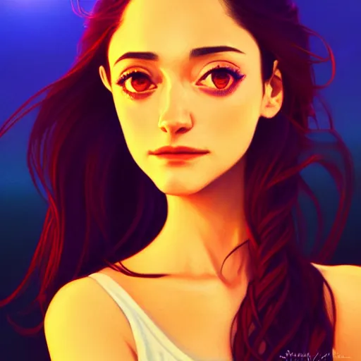 Image similar to Emmy Rossum, sunset, portrait, intricate, highly detailed, digital painting, artstation, official media, anime key visual, concept art, rich vivid colors, ambient lighting, sharp focus, illustration, art by Artgerm, Makoto Shinkai, Ilya Kuvshinov, Lois Van Baarle, and Rossdraws