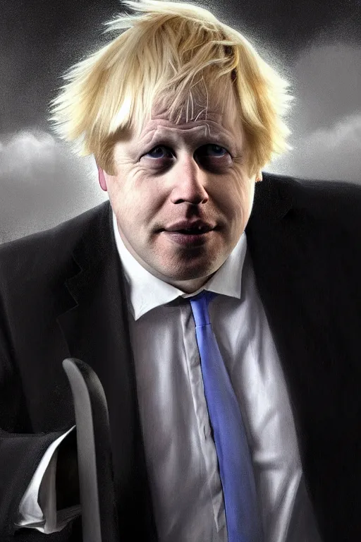 Prompt: a realistic portrait of Boris Johnson as Grim Reaper, masculine figure, bright hopeful atmosphere, volumetric lights, beam of bright light through the clouds, intricate, elegant, highly detailed, extremely detailed, digital painting, artstation, concept art, matte, smooth, sharp focus, hyper realistic, illustration, art by Artgerm and Greg Rutkowski and Alphonse Mucha