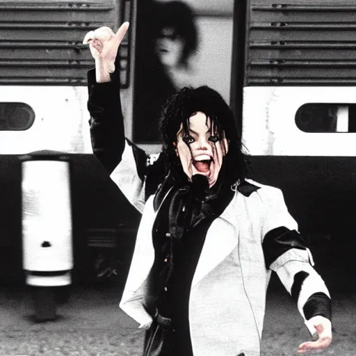Prompt: michael jackson shouting, screaming, looking tired, in front of a train