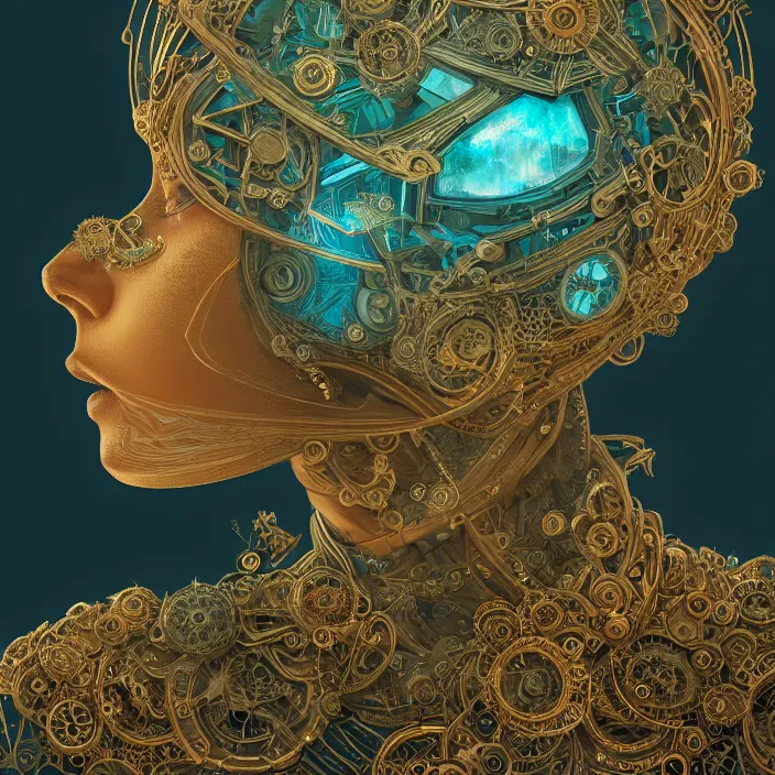 Image similar to beautiful symmetrical face portrait android woman time machine axonometric mechanical fantasy intricate elegant highly detailed in volumetric void of latent space lush flowers intricate jewellery, realm of the gods golden turquoise steampunk, axonometric high contrast cinematic light, mystical shadows, digital painting, sharp focus, octane render, photographic, concept art, artist leonardo davinci, unreal engine 8 k