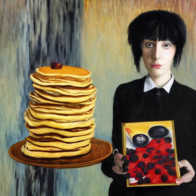 Prompt: tall emo female artist holding an artist's palette, pancakes, in chippendale sydney, gold bars, maple syrup, snails, berries, pigs, octopus, broomstick, acrylic on canvas, surrealist, by magritte and monet