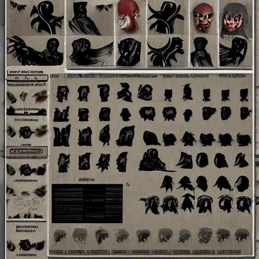 Image similar to various character sheets with character designs for a tall character with a vampire squid for a head made from dark wispy smoke made as an enemy in the silent hill video game franchise