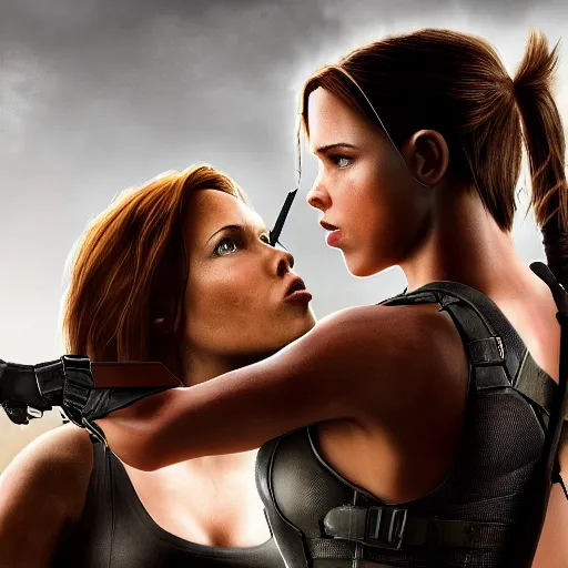 Prompt: Lara croft kissing black widow real hd