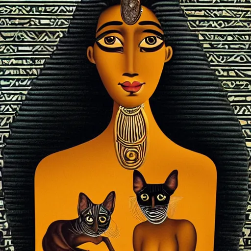 Prompt: a brown skinned black woman, with two cats, elegant, intricate, digital painting, smooth, sharp focus, illustration, salvador dali, ancient egypt, art deco, garden, diamonds