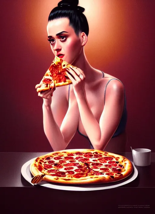 Image similar to portrait of katy perry eating pizza, intricate, elegant, glowing lights, highly detailed, digital painting, artstation, concept art, smooth, sharp focus, illustration, art by wlop, mars ravelo and greg rutkowski