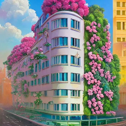 Image similar to a painting of an art deco building surrounded by flowers, a watercolor and matte painting by beeple and rhads and mark keathley, wes anderson, cgsociety, artdeco, dystopian art, retrofuturism, sci - fi, artstation hq