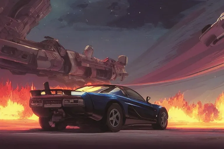 Image similar to 2 0 0 1 space odyssy diesepunk honda nsx mad max speeding through a burning fuel depot chase laser weapons by greg rutkowski makoto shinkai takashi takeuchi studio ghibli, akihiko yoshida