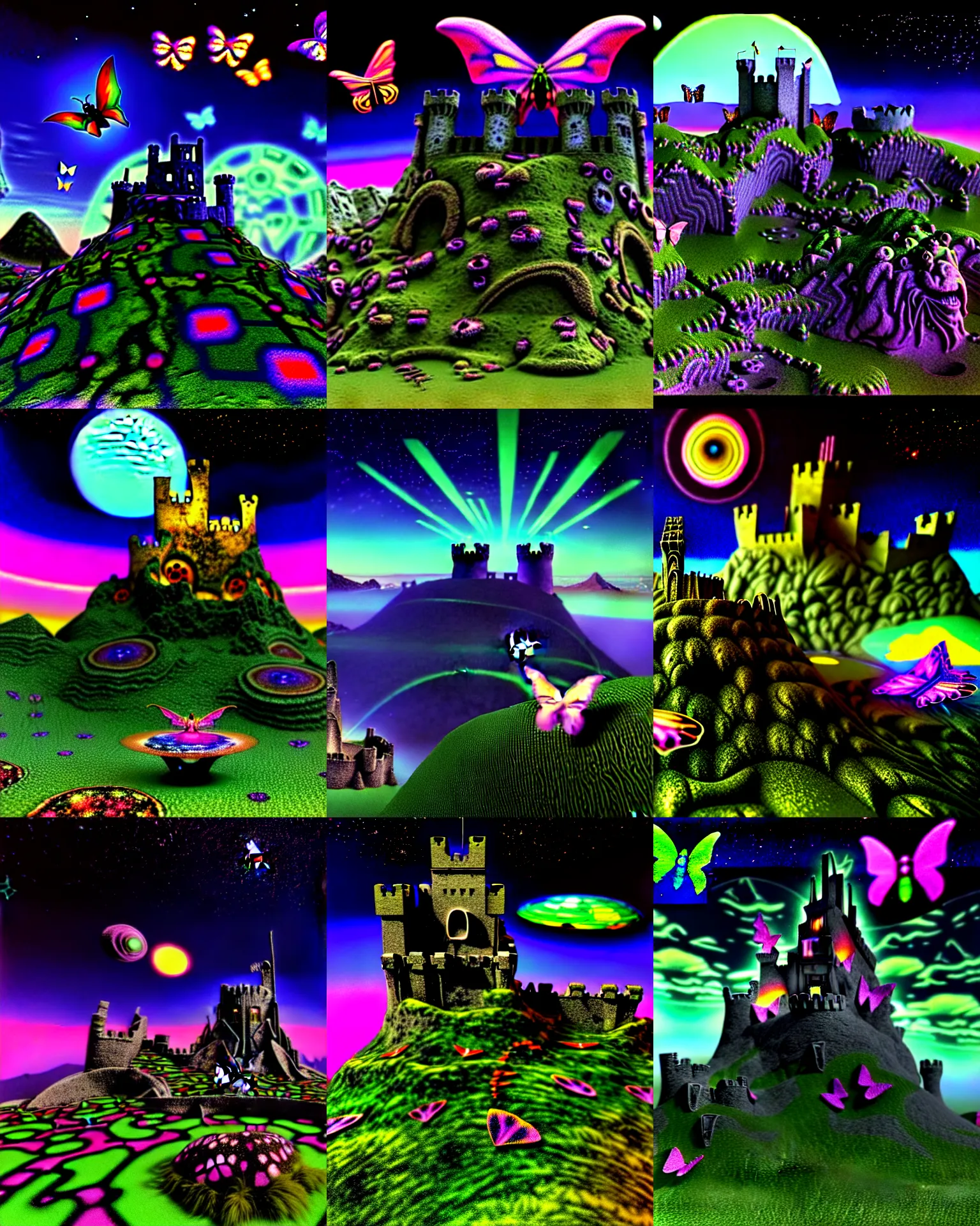 Prompt: 3 d render of cyborg goblin in cybernetic mountain landscape with castle ruins against a psychedelic surreal background with 3 d butterflies and 3 d flowers n the style of 1 9 9 0's cg graphics against the cloudy night sky, lsd dream emulator psx, 3 d rendered y 2 k aesthetic by ichiro tanida, 3 do magazine, wide shot