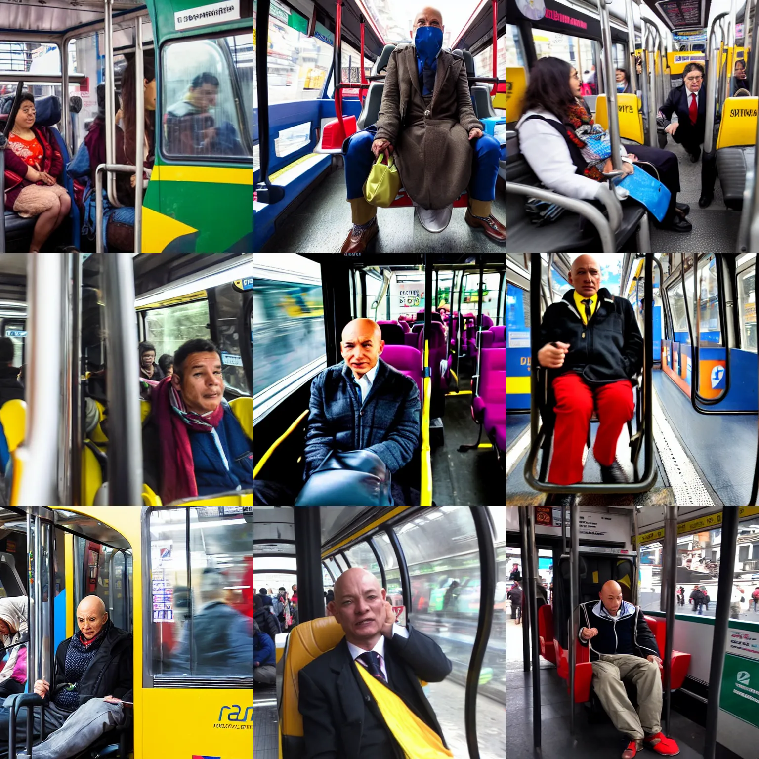Prompt: professor x as a passenger inside a transmilenio in bogota colombia