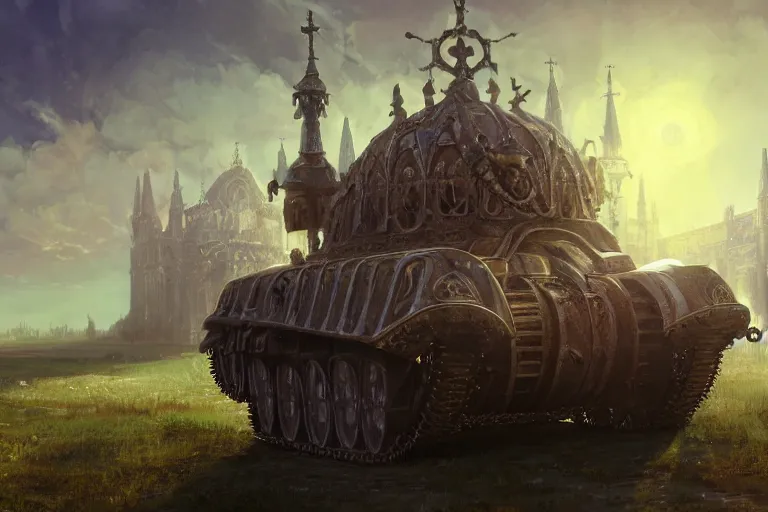 Image similar to a mobile driving ornate cathedral church mounted on a tank with chain drive, warhammer 4 0, scene in an open field. key visual, conceptart, ambient lighting, highly detailed, digital painting, artstation, concept art, sharp focus, by makoto shinkai and akihiko yoshida and kris kuksi