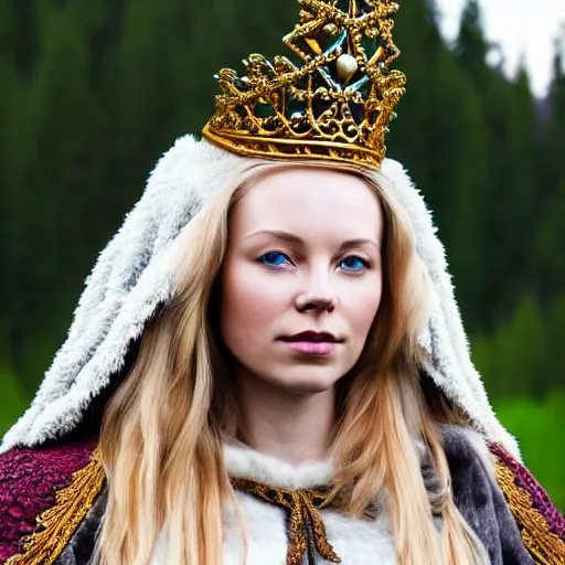 Image similar to photo of a real-life very beautiful nordic princess with an ornate cloak and crown, highly detailed