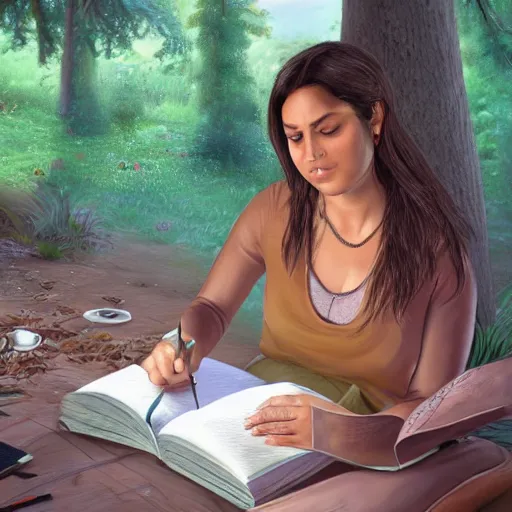 Image similar to a brown female author writing a book in a cottage in the woods, detailed digital art, trending on artstation, realistic! 8k