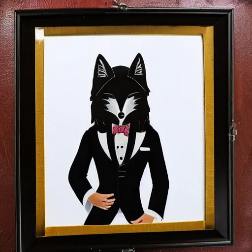 Image similar to male anthro black fox furry fursona with a mullet in a spanish style tuxedo, 1 9 7 0 s framed photograph, painted by riley moreau