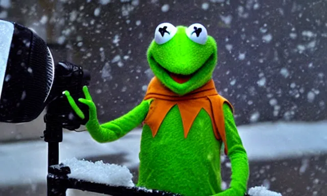 Prompt: kermit the frog as a weather reporter in a snow storm from new york he is wearing a brown parka, television static, 90s television