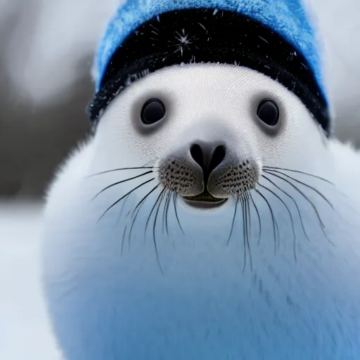 Image similar to photorealistic hd white fluffy baby harpy seal wearing a light blue winter hat, snowy, cold, arctic tundra, adorable