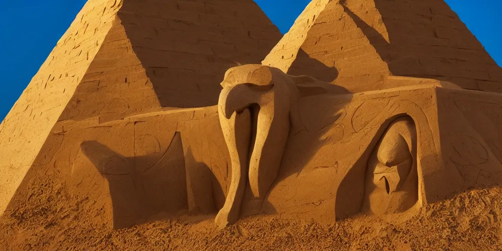 Image similar to A giant sand sculpture of an eagle head standing in the middle of a desert, next to a pyramid. Hyperrealistic photograph, golden hour