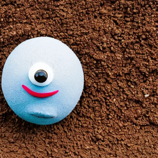 Image similar to photo of a small round creature made of dirt with round blue eyes and a round clown nose and a cute smile